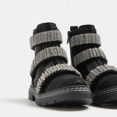 Girls Black Glitter Strap Chelsea Boot