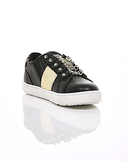 360 degree animation of product Girls black gold chain plimsolls frame-6