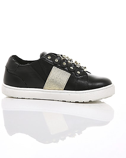 360 degree animation of product Girls black gold chain plimsolls frame-9