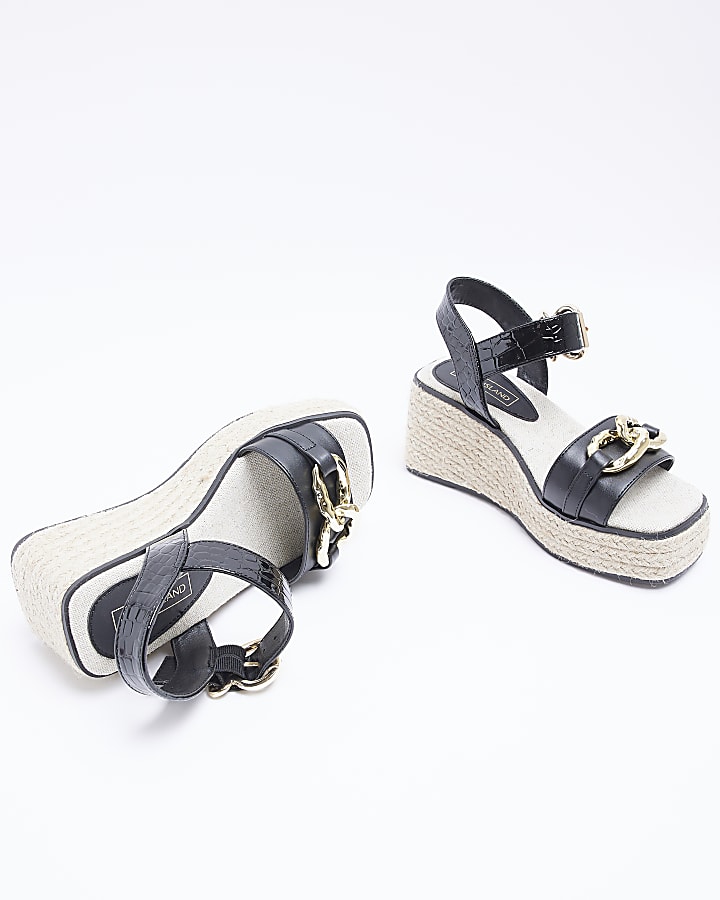 Girls black gold hardware wedge sandals