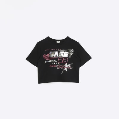 Girls Black Graphic crop T-shirt