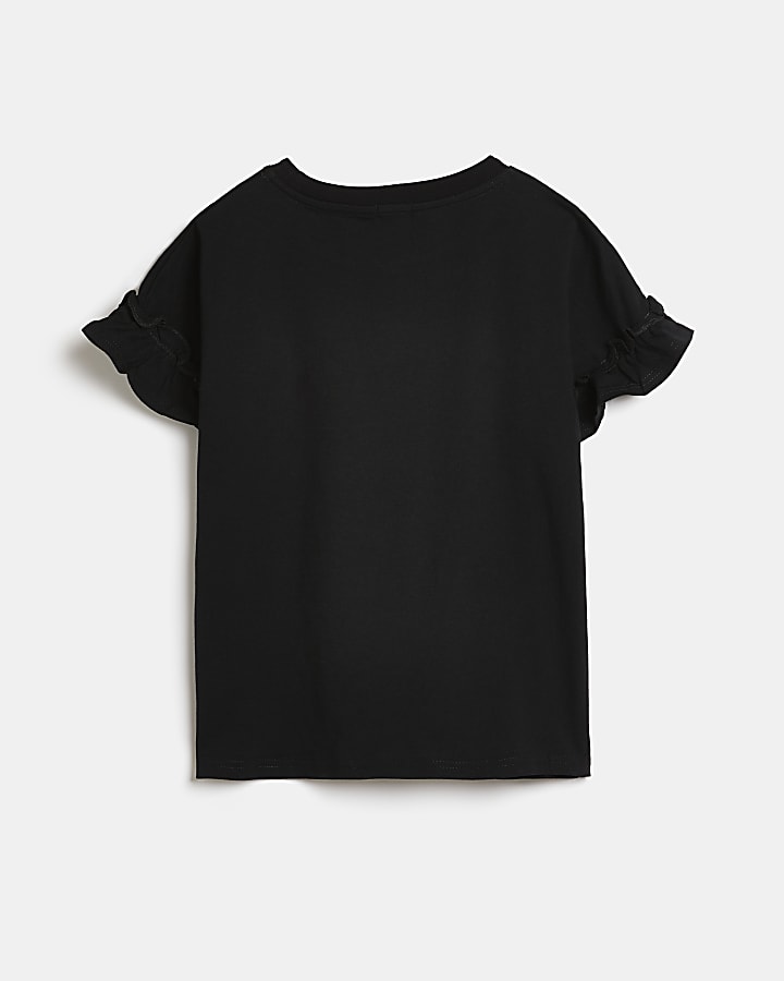 Girls black graphic peace frill t-shirt