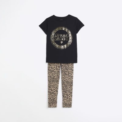 Girls Black Graphic T-shirt and Leggings Set