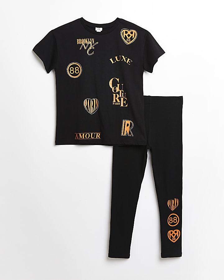 Girls black graphic t-shirt and leggings set