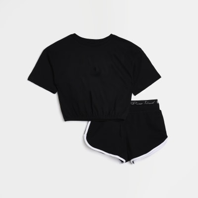 Girls Black Graphic T-shirt and Shorts Set