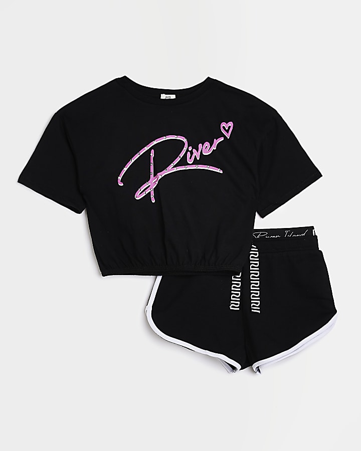 Girls Black Graphic T-shirt and Shorts Set
