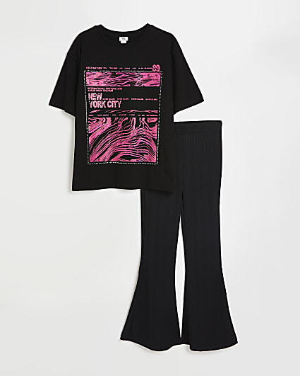 Girls black graphic t-shirt and trousers set