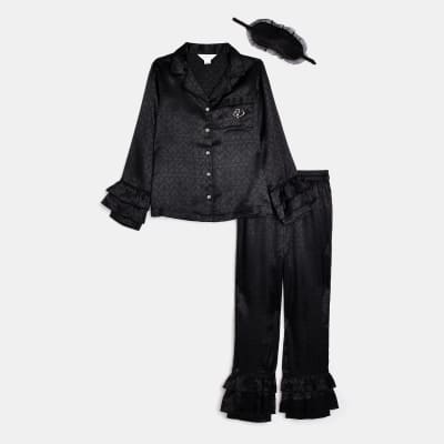 Girls Black Heart jacquard satin pyjama set