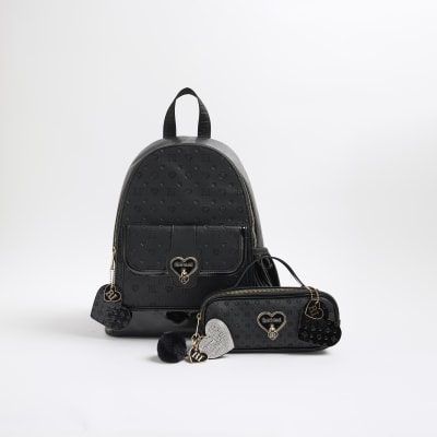 Girls Black Heart Lock Backpack Bundle Bag River Island