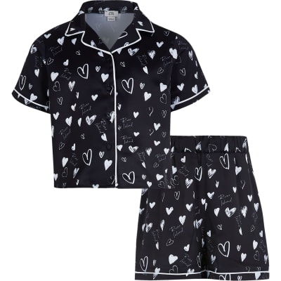 Girls black heart print satin pyjama set River Island