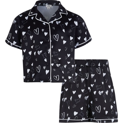 Girls black heart print satin pyjama set | River Island