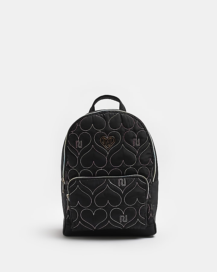 Girls black heart quilted nylon backpack