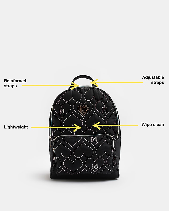 Girls black heart quilted nylon backpack