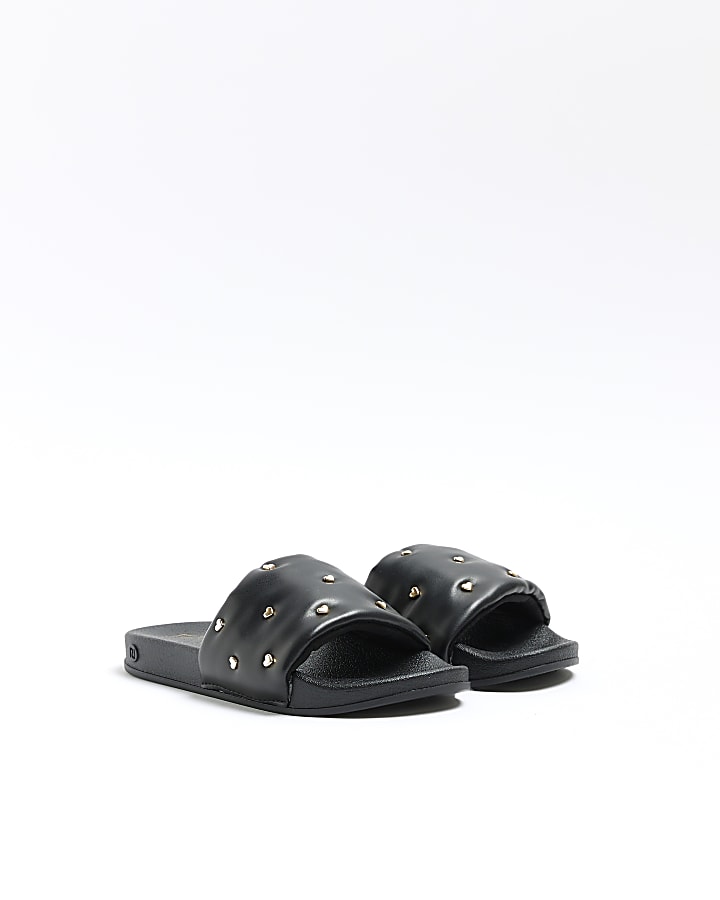 Girls Black Heart Quilted Sliders
