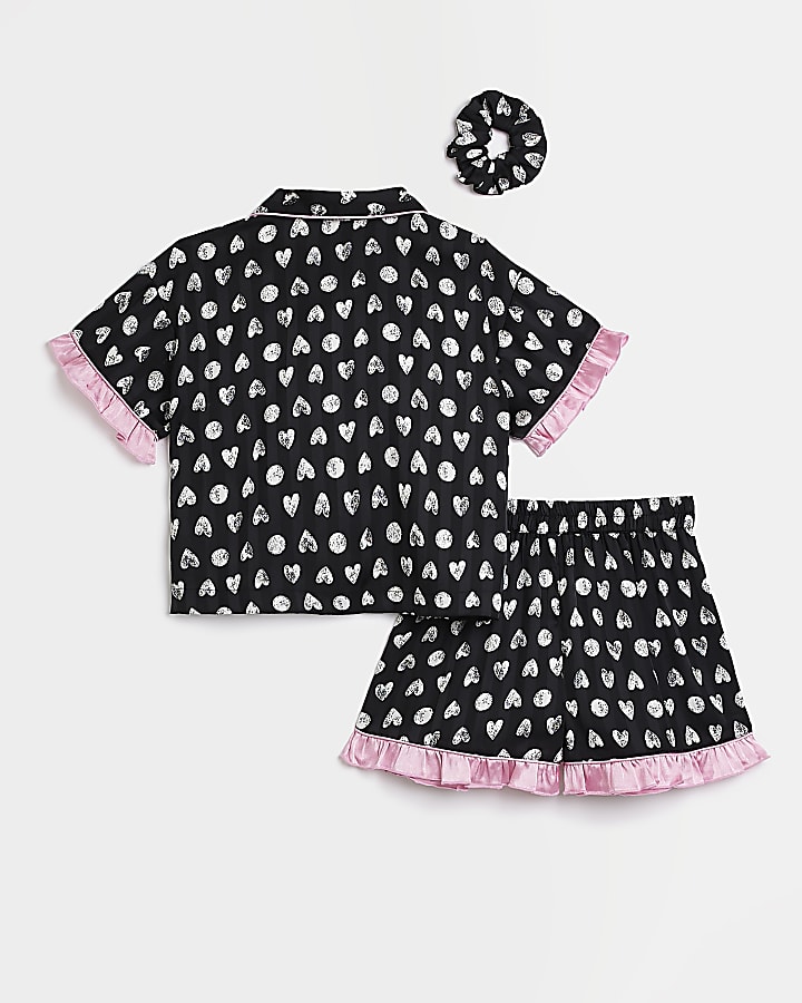 Girls black heart satin pyjama set