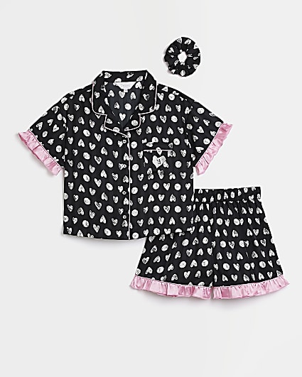 Girls black heart satin pyjama set