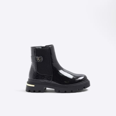 Girls Black Heart Strap Chelsea Boots