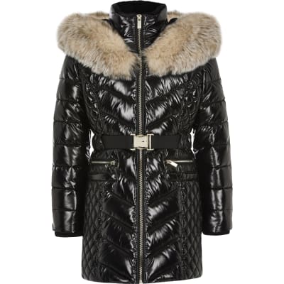 river island black high shine padded faux fur trim jacket