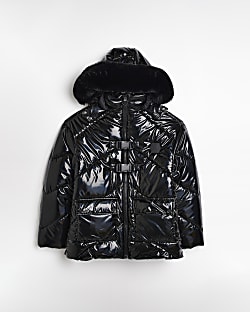 Girls Black High Shine Quilted Puffer Coat