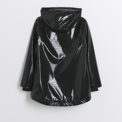 Girls black holographic hooded rain coat River Island