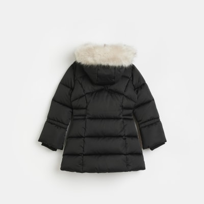 Girls black hooded faux fur trim puffer coat River Island