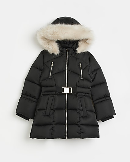 Girls black hooded faux fur trim puffer coat
