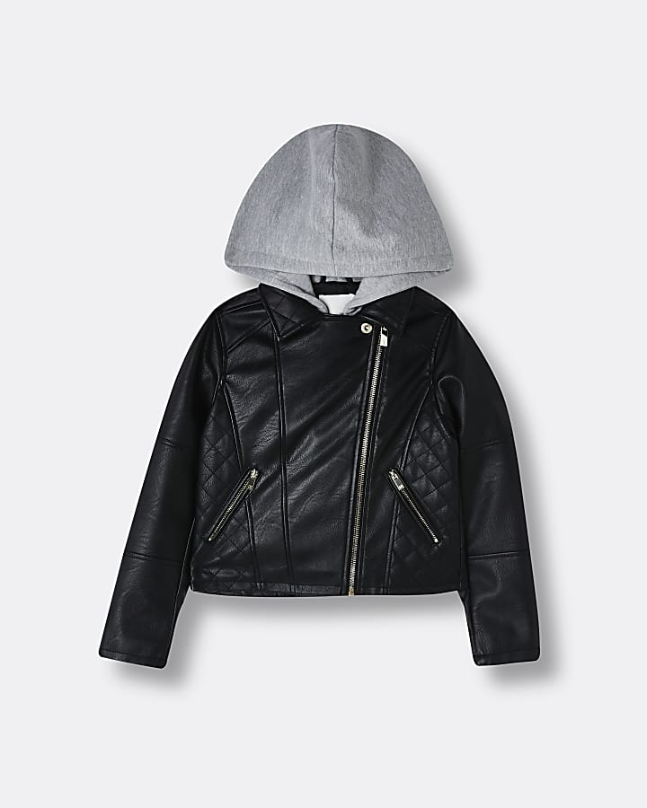 Girls black hooded faux leather biker jacket
