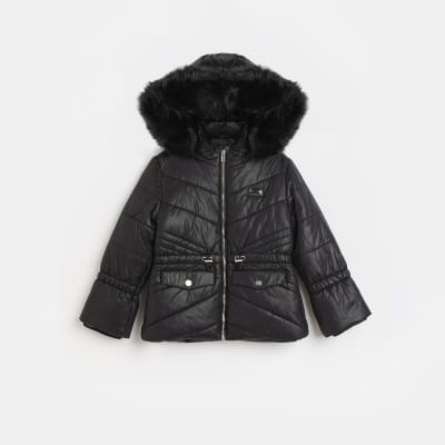 Girls black hooded puffer coat | River Island