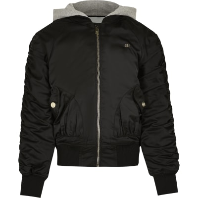 Girls black hooded ruched bomber jacket River Island
