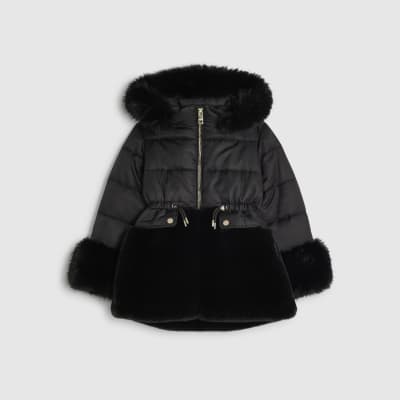 Girls Black Hybrid Fur Cinch Padded Coat