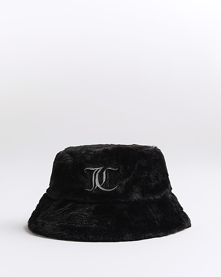 Girls Black JUICY Faux Fur Bucket Hat