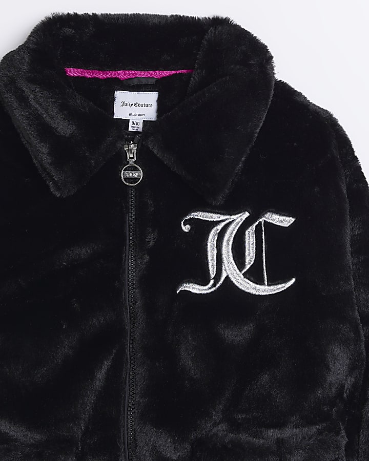 Girls Black JUICY Logo faux Fur Coat