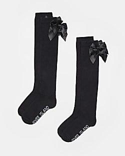 Girls black knee High Bow Back Socks 2 pack