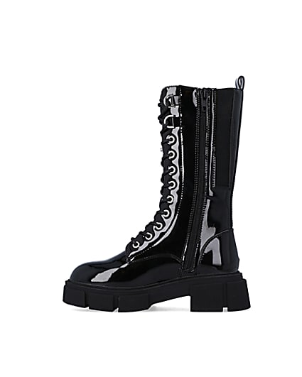 360 degree animation of product Girls Black Knee High CHUNKY Lace Up Boots frame-3
