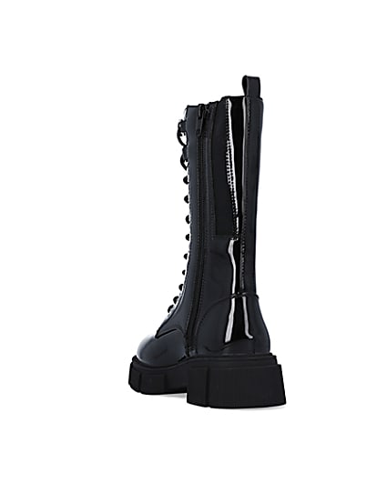 360 degree animation of product Girls Black Knee High CHUNKY Lace Up Boots frame-7