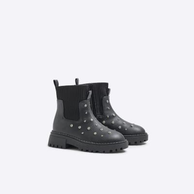Girls Black Knit Diamante Stud Chelsea Boots River Island
