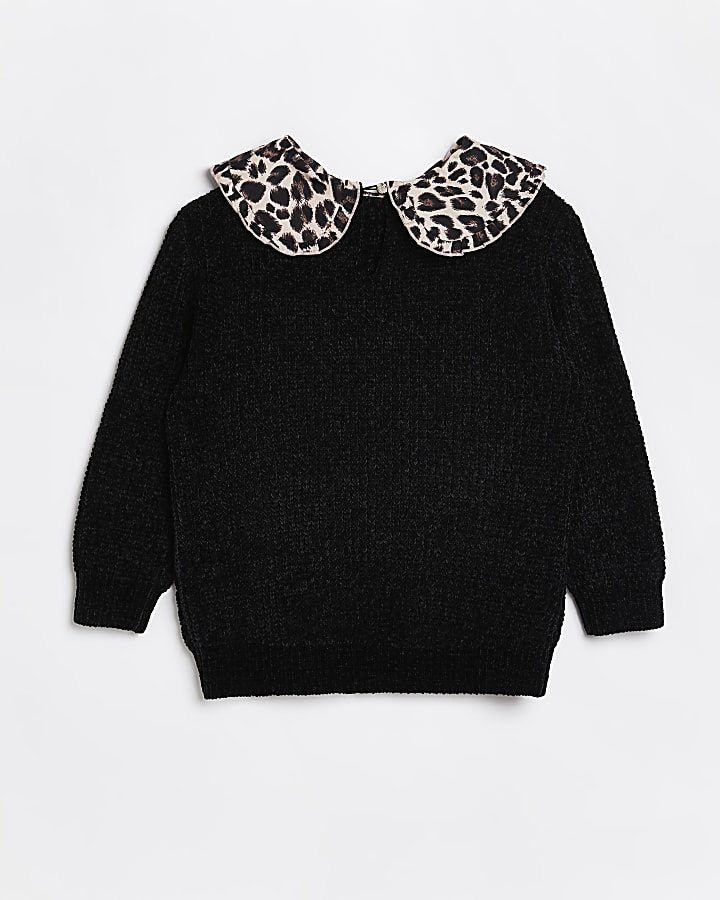 Girls black knit leopard print collar jumper