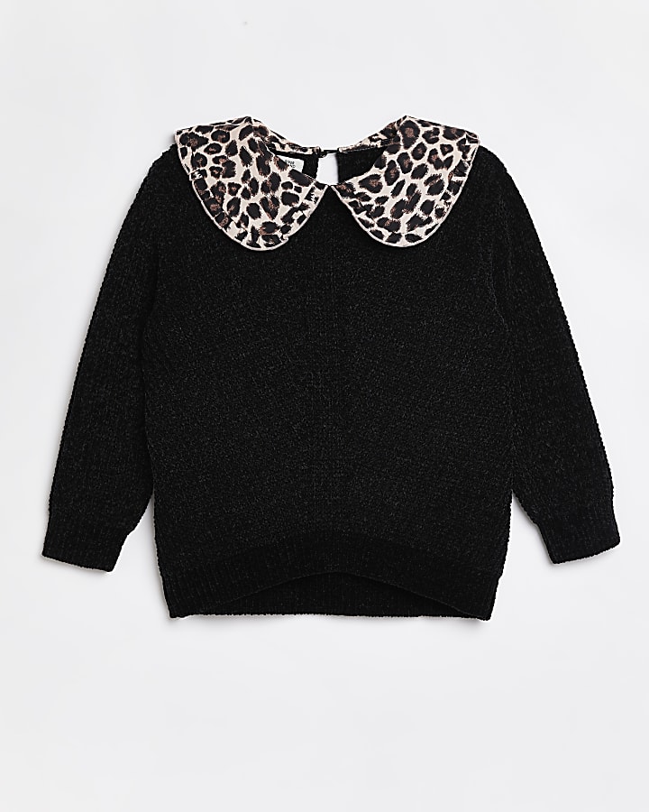 Girls black knit leopard print collar jumper