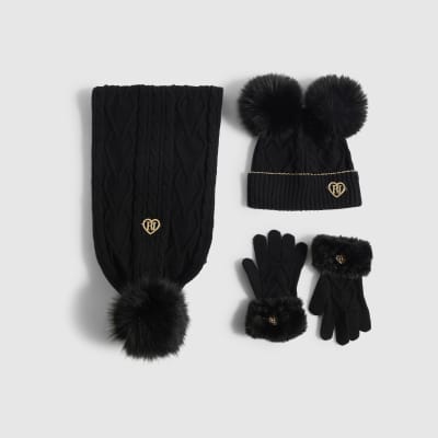 Girls Black Knitted Beanie Bundle Of 3