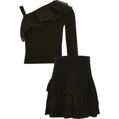 Girls black knitted frill rara skirt 