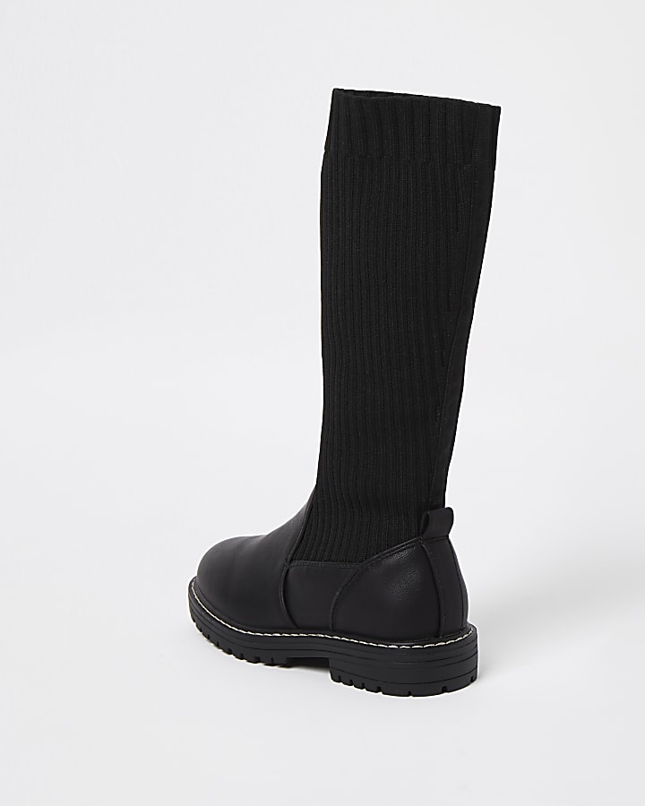Girls black knitted high leg boots