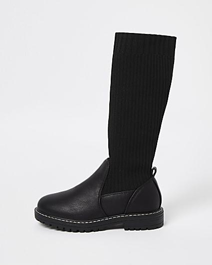 Girls black knitted high leg boots