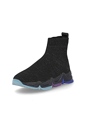 360 degree animation of product Girls black knitted high top trainers frame-0