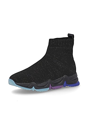 360 degree animation of product Girls black knitted high top trainers frame-1