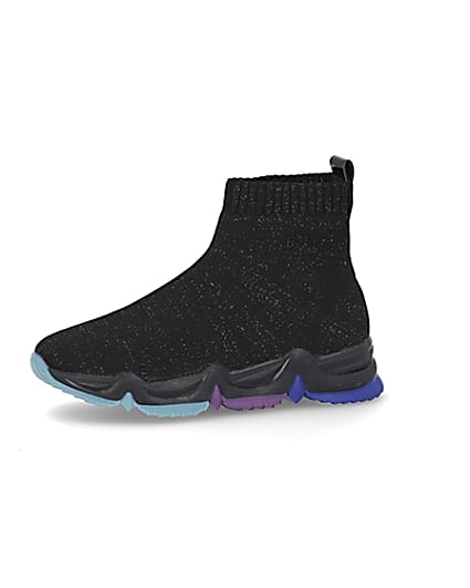 360 degree animation of product Girls black knitted high top trainers frame-2