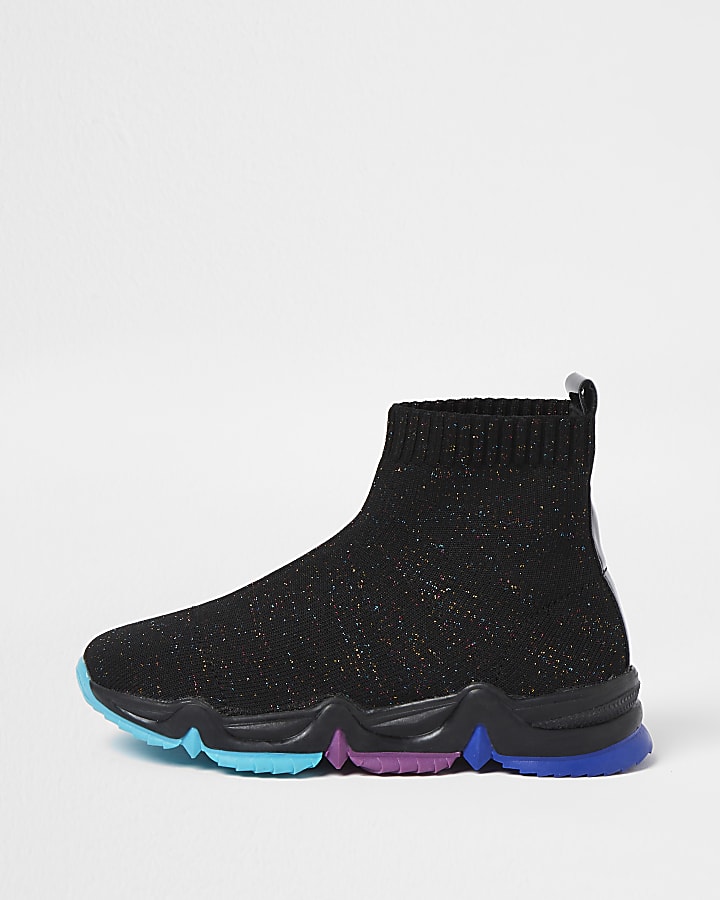 Girls black knitted high top trainers