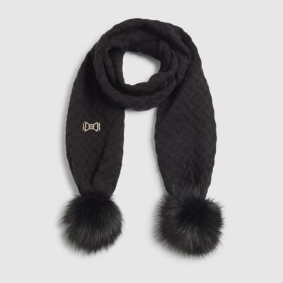 Girls Black Knitted Pom Pom Scarf