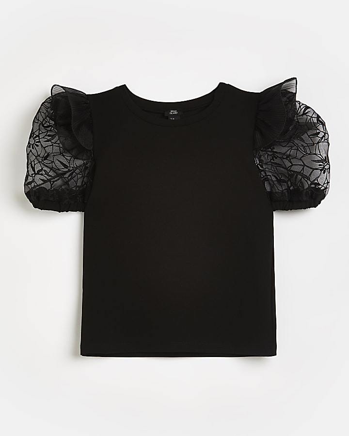 Girls black lace frill sleeve top