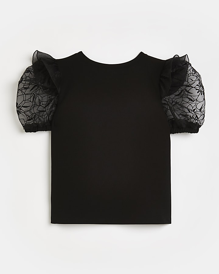 Girls black lace frill sleeve top