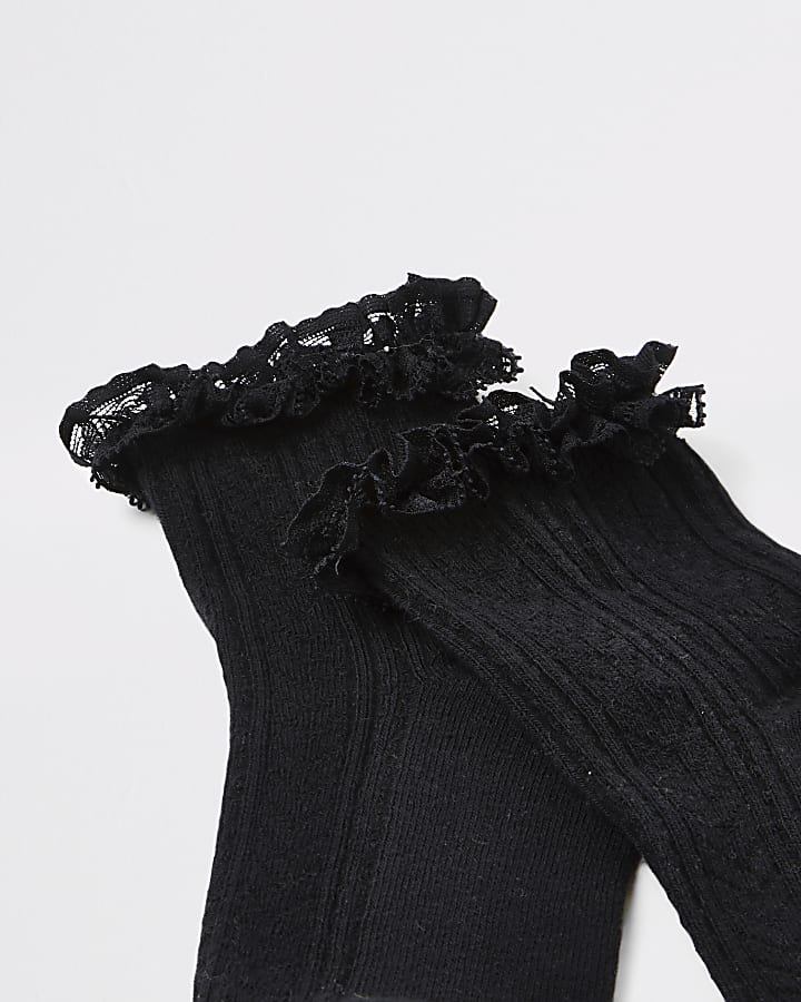 Girls black lace frill socks 2 pack